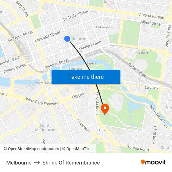 Melbourne to Shrine Of Remembrance map