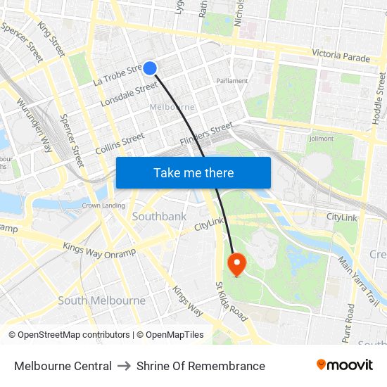 Melbourne Central to Shrine Of Remembrance map