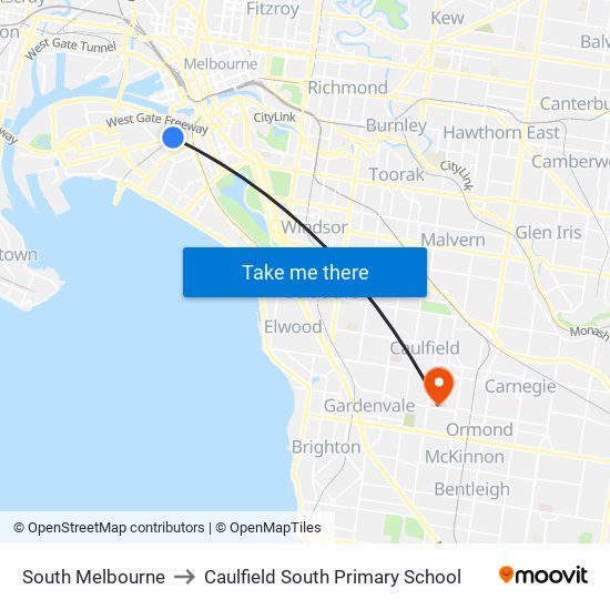 South Melbourne to Caulfield South Primary School map