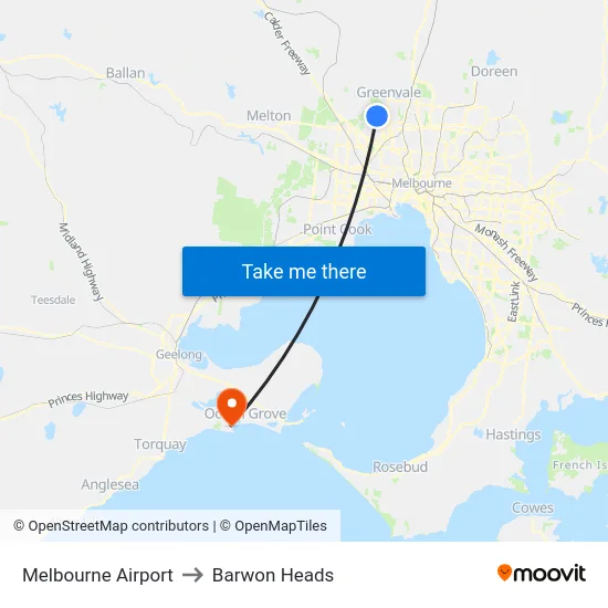Melbourne Airport to Barwon Heads map
