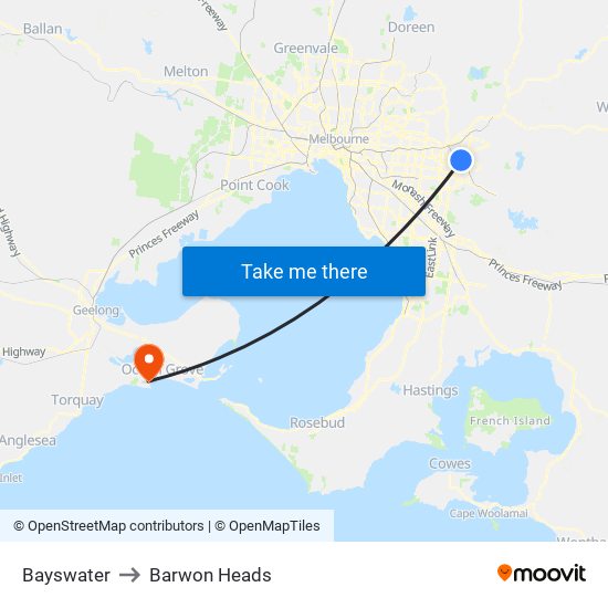 Bayswater to Barwon Heads map