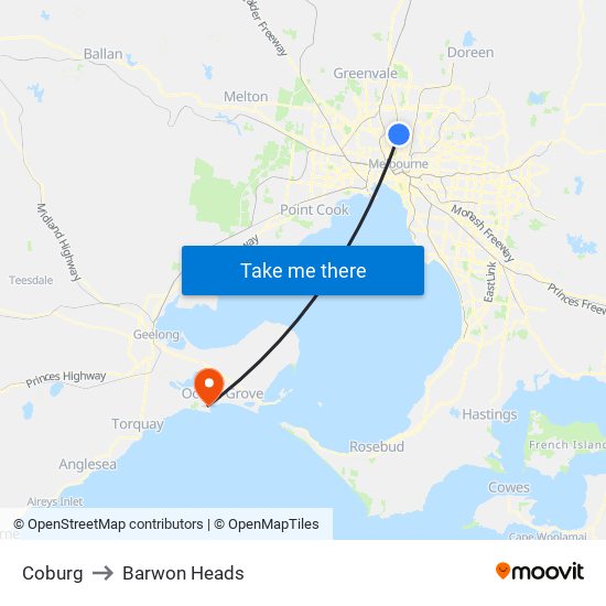 Coburg to Barwon Heads map