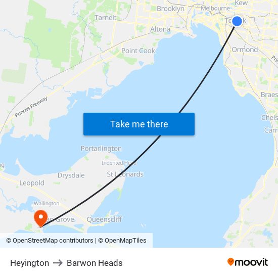 Heyington to Barwon Heads map