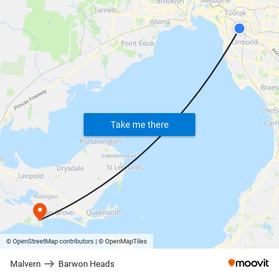 Malvern to Barwon Heads map