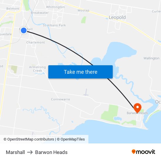 Marshall to Barwon Heads map