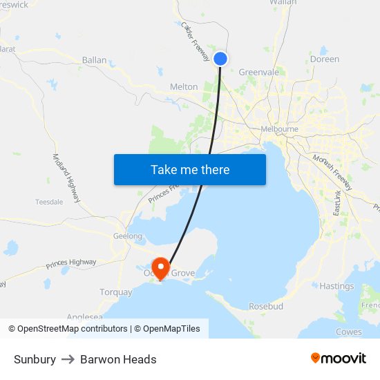 Sunbury to Barwon Heads map