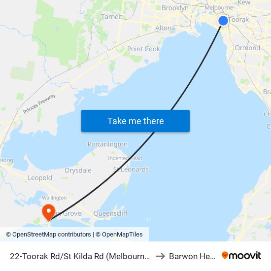 22-Toorak Rd/St Kilda Rd (Melbourne City) to Barwon Heads map