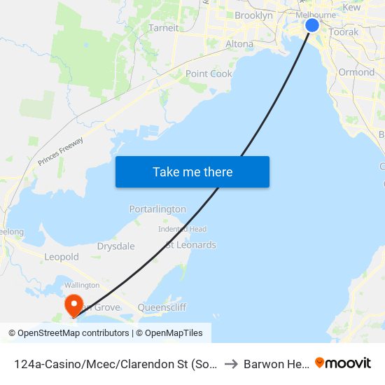 124a-Casino/Mcec/Clarendon St (Southbank) to Barwon Heads map