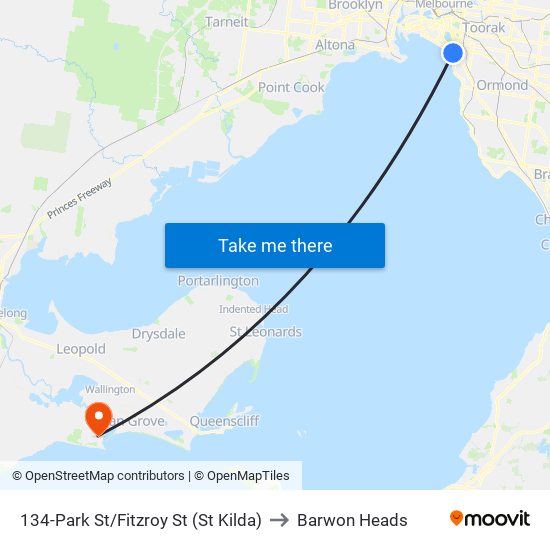 134-Park St/Fitzroy St (St Kilda) to Barwon Heads map