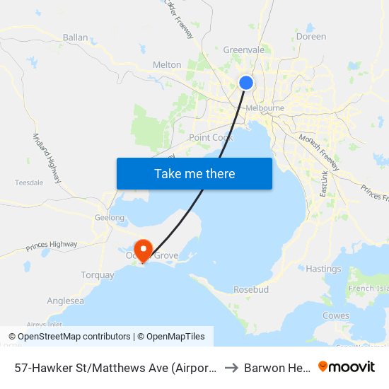 57-Hawker St/Matthews Ave (Airport West) to Barwon Heads map