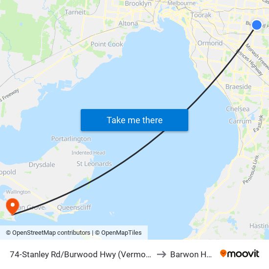 74-Stanley Rd/Burwood Hwy (Vermont South) to Barwon Heads map