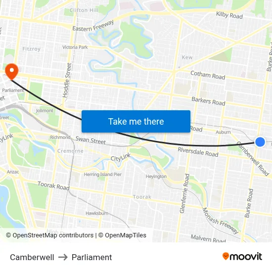 Camberwell to Parliament map