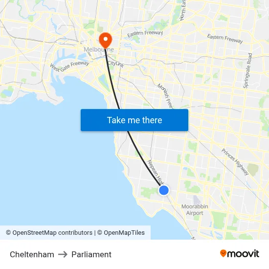 Cheltenham to Parliament map
