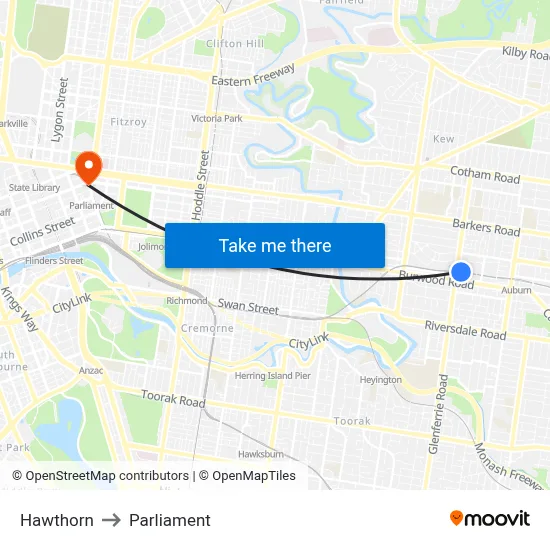 Hawthorn to Parliament map