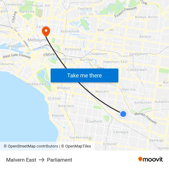 Malvern East to Parliament map