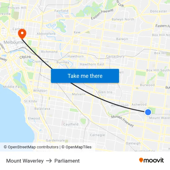Mount Waverley to Parliament map