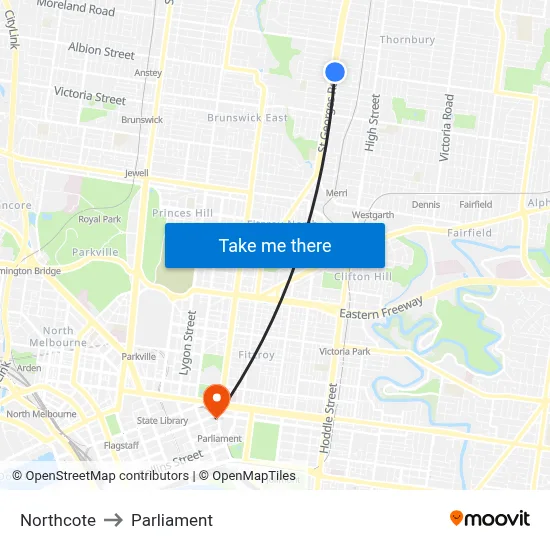 Northcote to Parliament map