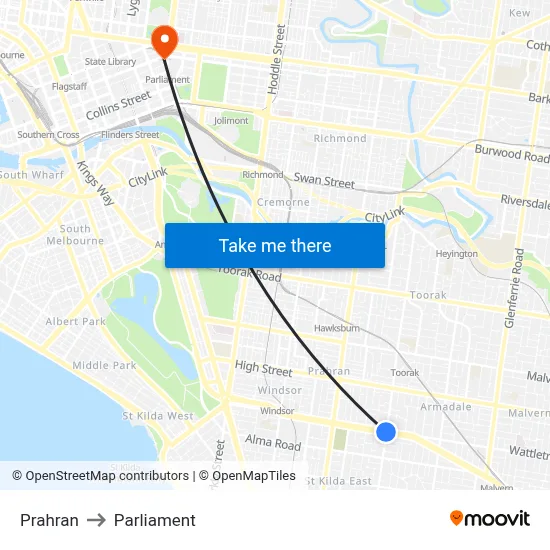 Prahran to Parliament map