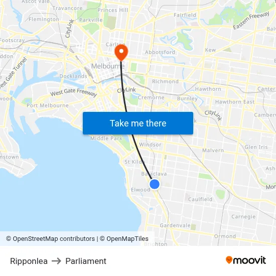 Ripponlea to Parliament map