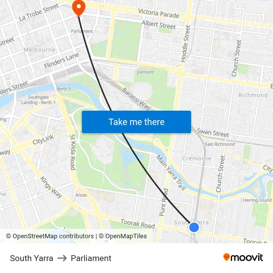 South Yarra to Parliament map