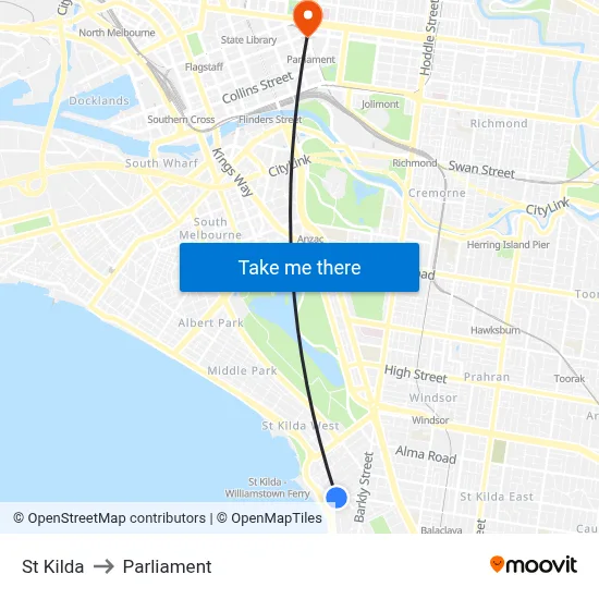 St Kilda to Parliament map