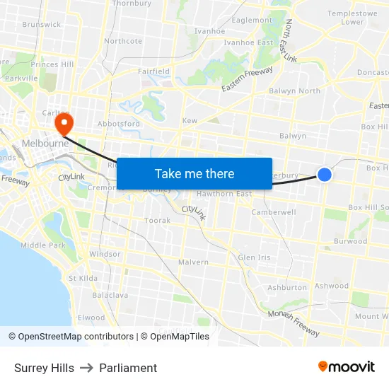Surrey Hills to Parliament map