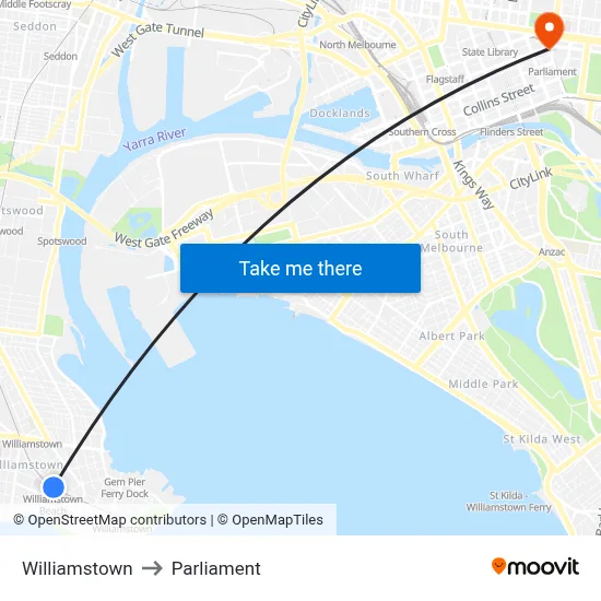 Williamstown to Parliament map