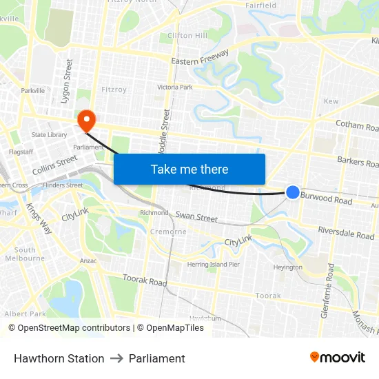 Hawthorn Station to Parliament map