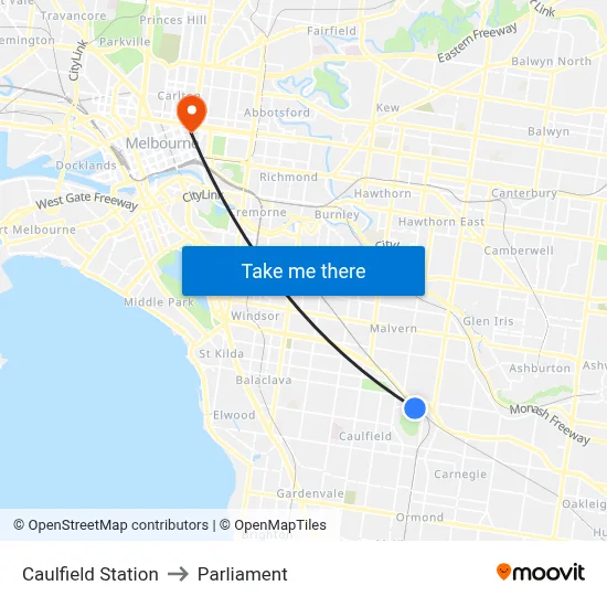 Caulfield Station to Parliament map