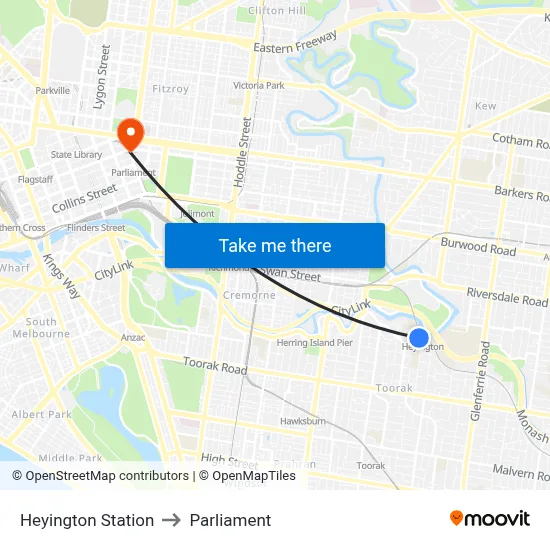 Heyington Station to Parliament map
