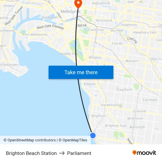 Brighton Beach Station to Parliament map