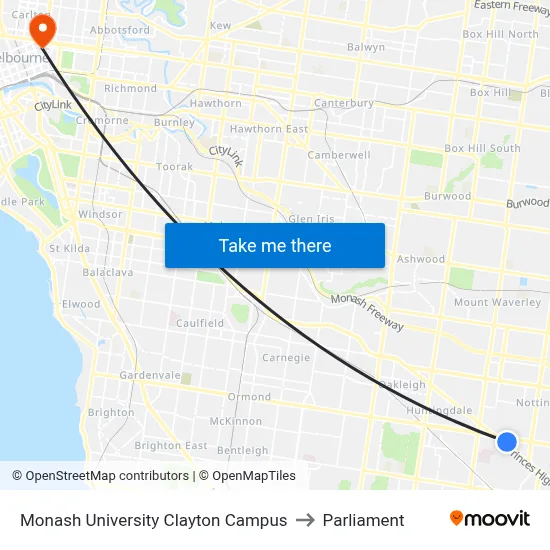 Monash University Clayton Campus to Parliament map