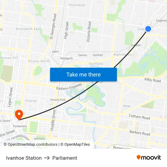 Ivanhoe Station to Parliament map