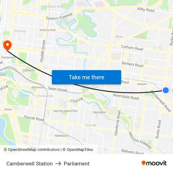 Camberwell Station to Parliament map