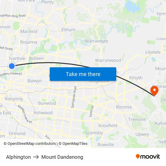 Alphington to Mount Dandenong map