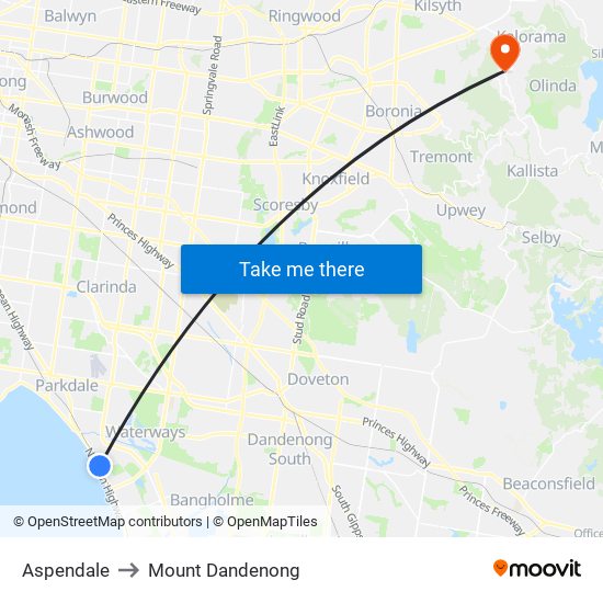 Aspendale to Mount Dandenong map