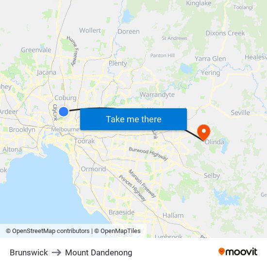 Brunswick to Mount Dandenong map