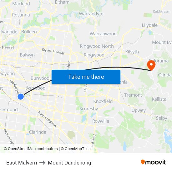 East Malvern to Mount Dandenong map