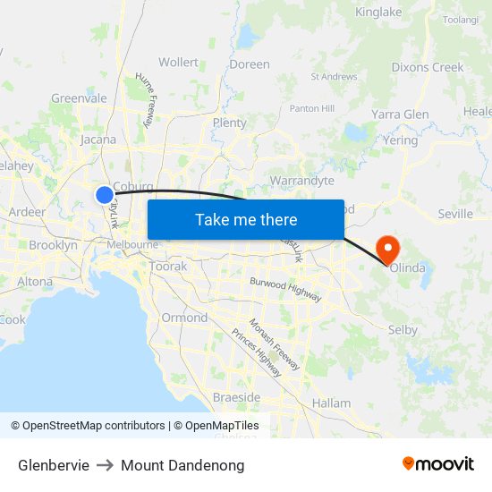 Glenbervie to Mount Dandenong map