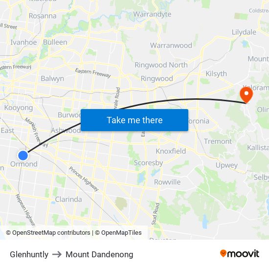 Glenhuntly to Mount Dandenong map