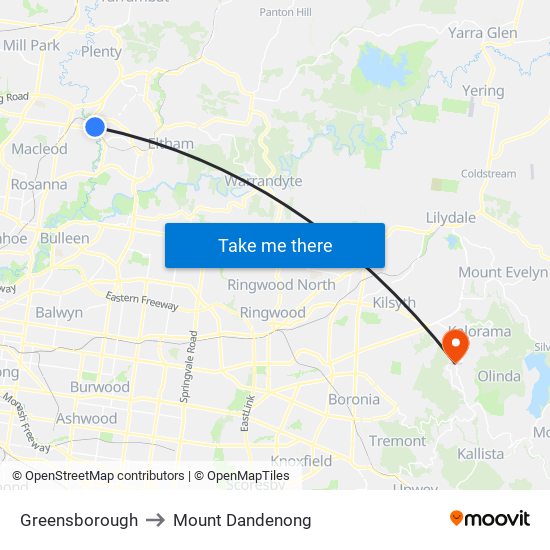 Greensborough to Mount Dandenong map