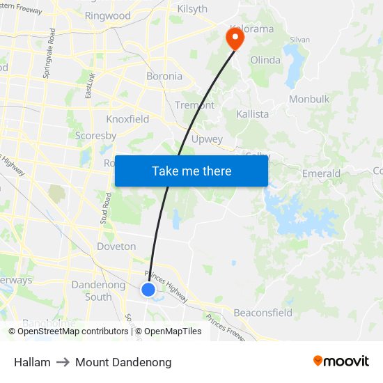 Hallam to Mount Dandenong map