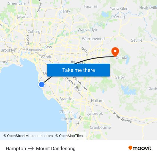Hampton to Mount Dandenong map