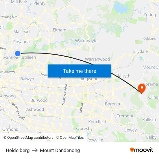 Heidelberg to Mount Dandenong map