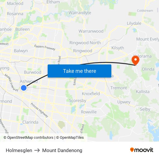 Holmesglen to Mount Dandenong map