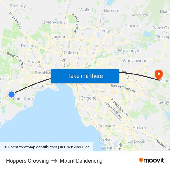 Hoppers Crossing to Mount Dandenong map