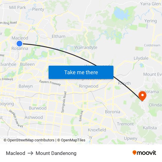 Macleod to Mount Dandenong map