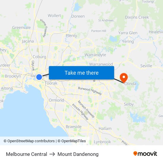 Melbourne Central to Mount Dandenong map