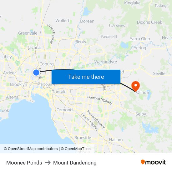 Moonee Ponds to Mount Dandenong map