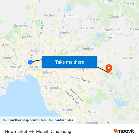 Newmarket to Mount Dandenong map
